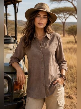 Tan embroidered design button shirt